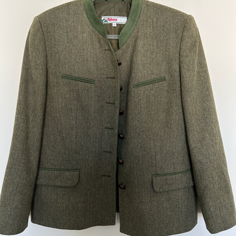 Original Alphorn Wool Herringbone Trachten Jacket -‎ Euro Size 40 - Green